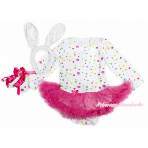White Rainbow Dots Long Sleeve Baby Bodysuit Jumpsuit Hot Pink Pettiskirt With Rabbit Headband & Hot Pink Ribbon White Rainbow Dots Shoes JS3173 